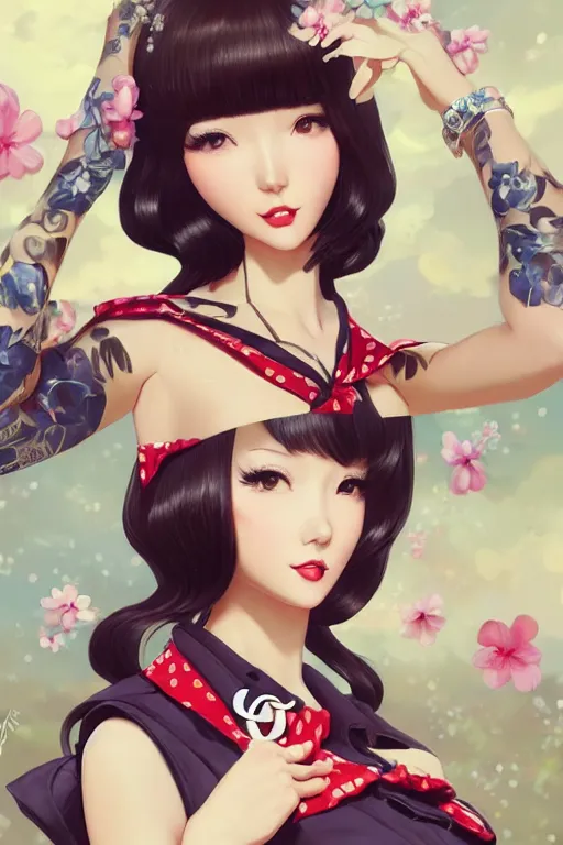 Image similar to a pin up and beautiful fashion dreamlke japan girl with lv jewelry, character art, art by artgerm and wlop and and ilya kuvshinov, hyperdetailed, 8 k realistic, symmetrical, frostbite 3 engine, cryengine, dof, trending on artstation, digital art, chanel, dior, fantasy background