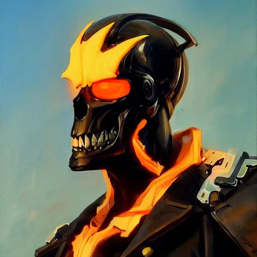 Image similar to greg manchess portrait painting of ghost rider as overwatch character, medium shot, asymmetrical, profile picture, organic painting, sunny day, matte painting, bold shapes, hard edges, street art, trending on artstation, by huang guangjian and gil elvgren and sachin teng