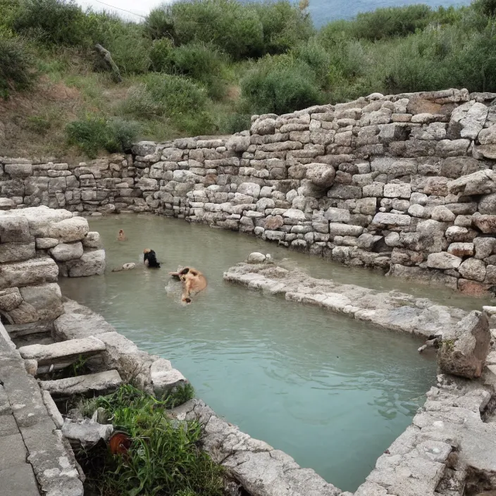 Image similar to ancient roman hot springs with dog relaxing everywhere