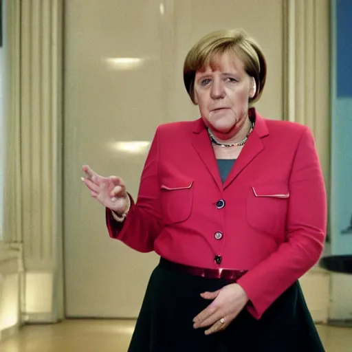 Image similar to A still of Angela Merkel wearing a disco suit in Saturday Night Fever