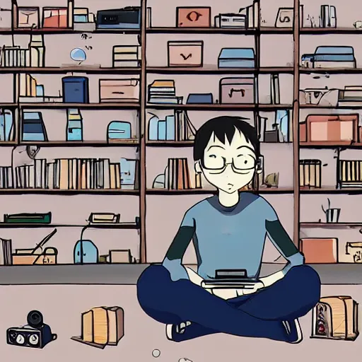 Image similar to a skinny computer nerd guy sitting on the floor of his room, crossed legs, laptop, smartphone, video games, tv, books, potions, jars, shelves, knick knacks, tranquil, star charts, calm, sparkles in the air, magic aesthetic, fantasy aesthetic, faded effect, by Studio Ghibli, howls moving house inspired, detailed, intricate,