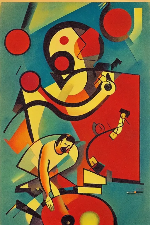 Prompt: “A metal detectorist in a Soviet propaganda poster, in the style of Kandinsky”