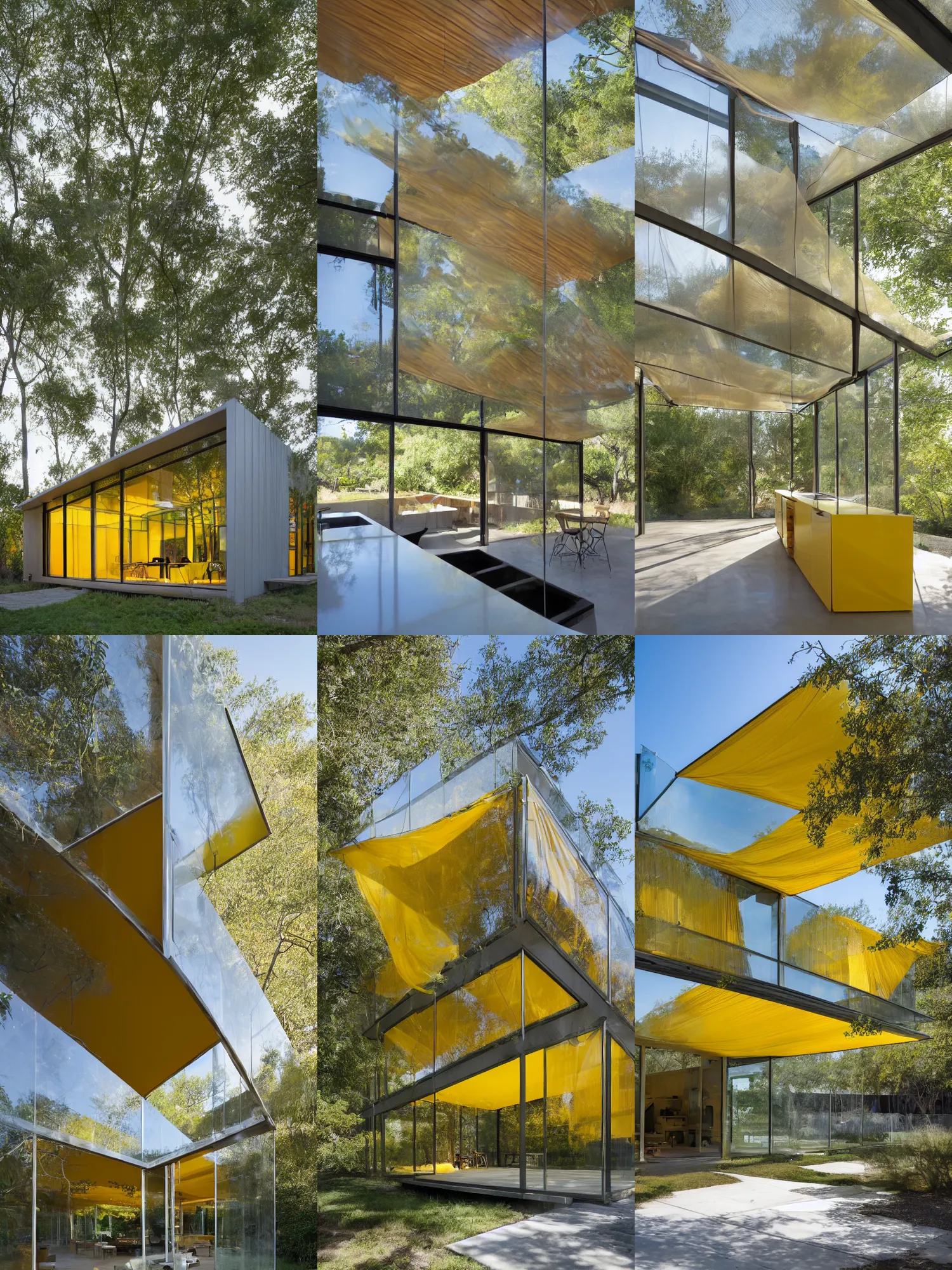 Prompt: A photograph of the interior of a crystalline glass house with thin wood structures. translucent yellow mesh tarps hang from the glass walls and glass ceilings. the house glows with daylight, volumetric lighting. grasses and bushes, sweet acacia trees, mesquite trees in background. contemporary concrete kitchen counters and plywood shelves. ultra wide shot, coronarender, 8k, photorealistic