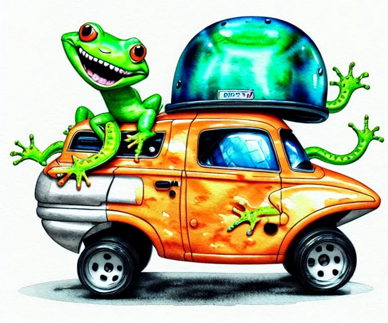 Image similar to cute and funny, gecko wearing a helmet riding in a hot rod with oversized engine, ratfink style by ed roth, centered award winning watercolor pen illustration, isometric illustration by chihiro iwasaki, edited by range murata, tiny details by artgerm and watercolor girl, symmetrically isometrically centered, sharply focused