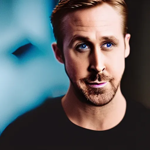 Prompt: Studio photography of Ryan Gosling, blue neon lights behind him