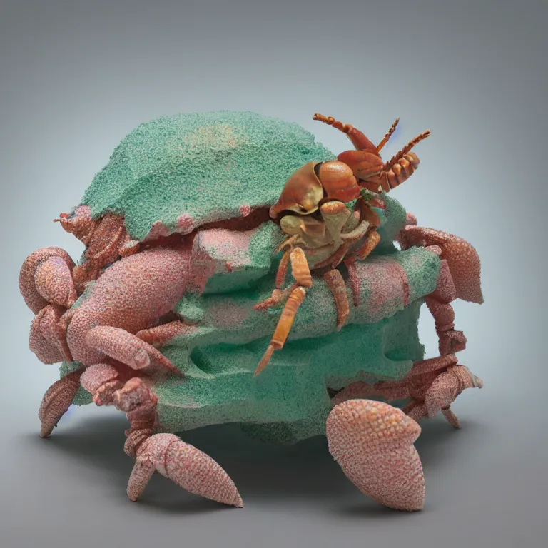 Image similar to hyperrealistic sculpture of a lightning whelk hermit crab dusted with rose and seafoam and hunter green spraypaint in a grid cage on a pedestal by ron mueck and duane hanson and lee bontecou, hyperrealistic dramatic colored lighting trending on artstation 8 k