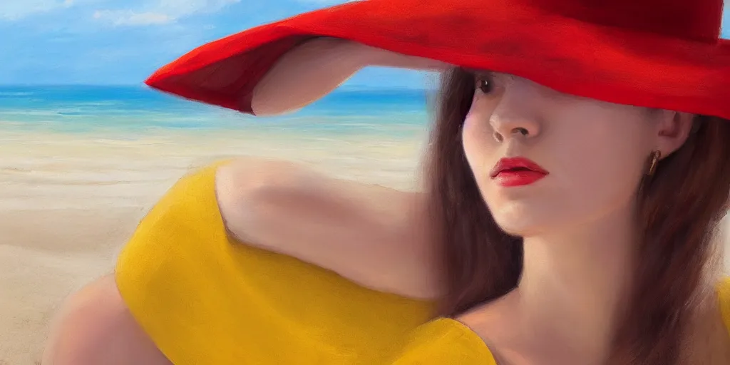 Image similar to beautiful oil matte portrait painting, young woman with red dress and mustard yellow summer hat at a beach on a sunny day, wonderful masterpiece highly detailed, beautiful cinematic light deep focus, elegant, digital painting, smooth, sharp focus, golden ratio, dramatic illumination, ultra realistic, 8 k, art by jimmy law