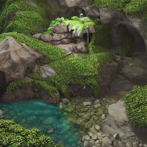 Image similar to overgrown stone cave at the beach, lush foliage, light rays, highly detailed, small ship in shallow waters, octane render, hyperrealistic