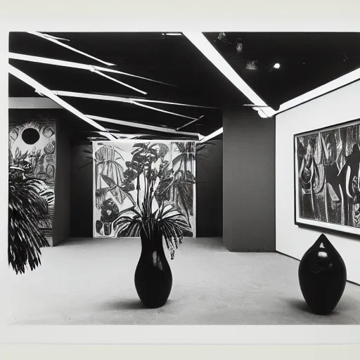 Image similar to A black and white photography printed in offset lithography of an exhibition space with works of Sun Ra, Marcel Duchamp and tropical plants, 60s, Modern Art