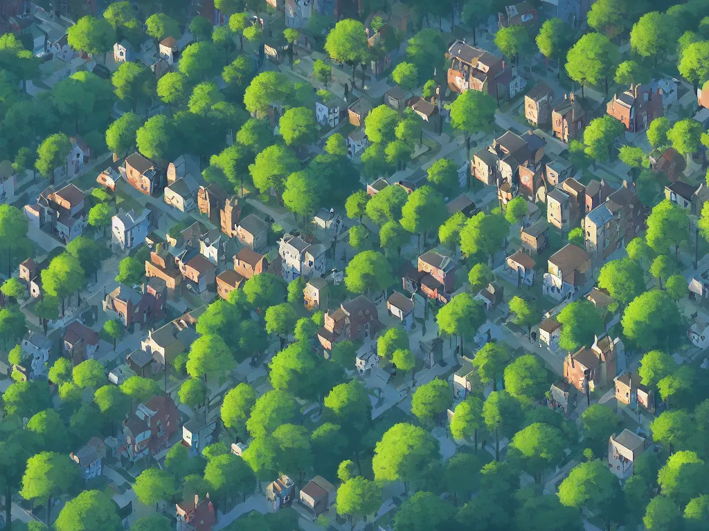 Prompt: birds eye view of a village in scotland in a forest lot of trees, flowers and creeping vines, old oak trees, by cory loftis, james gilleard, atey ghailan, makoto shinkai, goro fujita, studio ghibli, exquisite gold hour lighting, clear focus, very coherent, soft painting