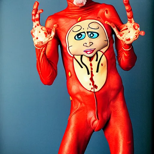 Prompt: uhd photorealisitc candid photo of anthony fauci dressed as slim goodbody. blood and guts everywhere. correct coostume. correct face, accurate face. photo by annie leibowitz and steve mccurry