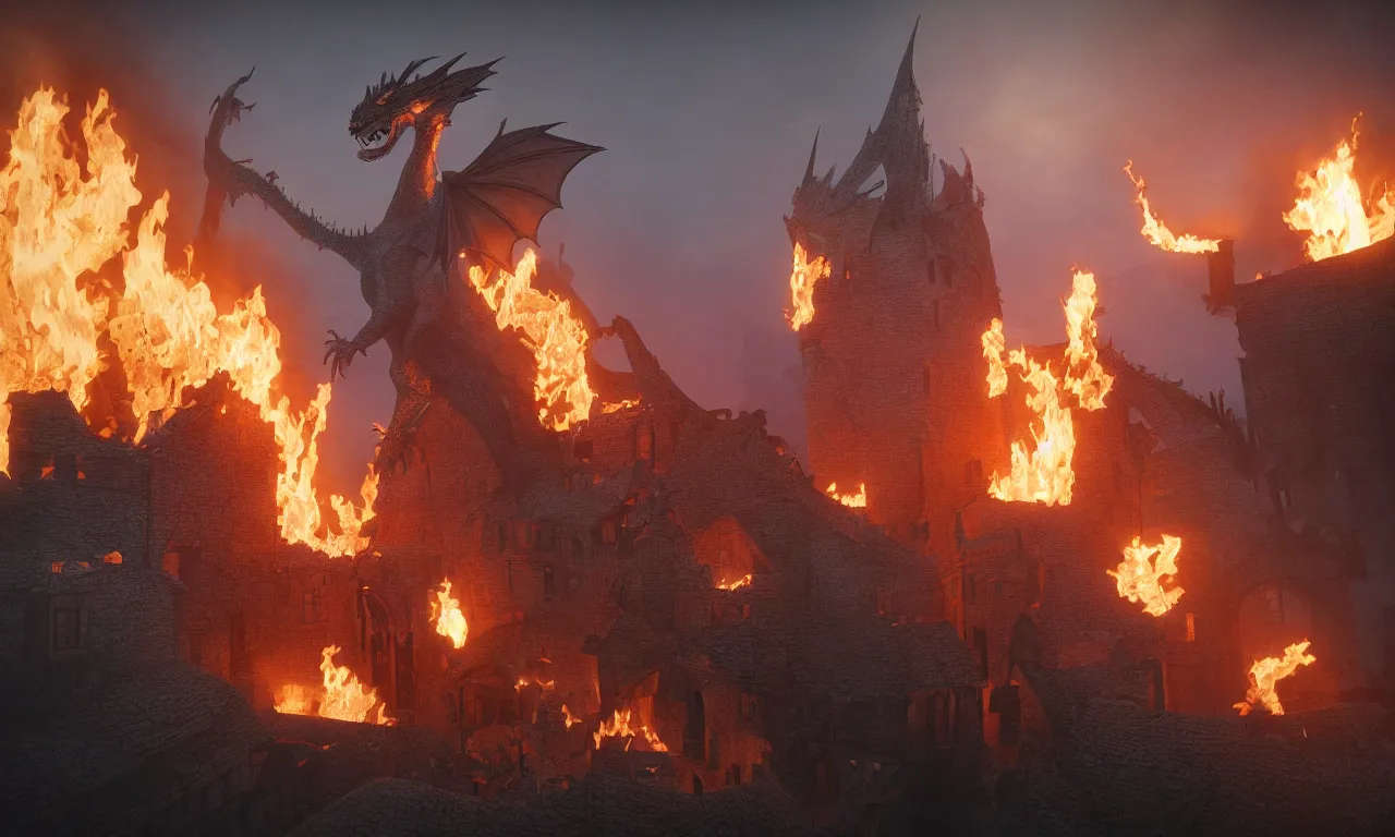 Prompt: A dragon burning down a medieval village, stylized as a 3D render, Octane Render, Unreal Engine 5, CryEngine, by Beeple, by Carl Gustav Carus