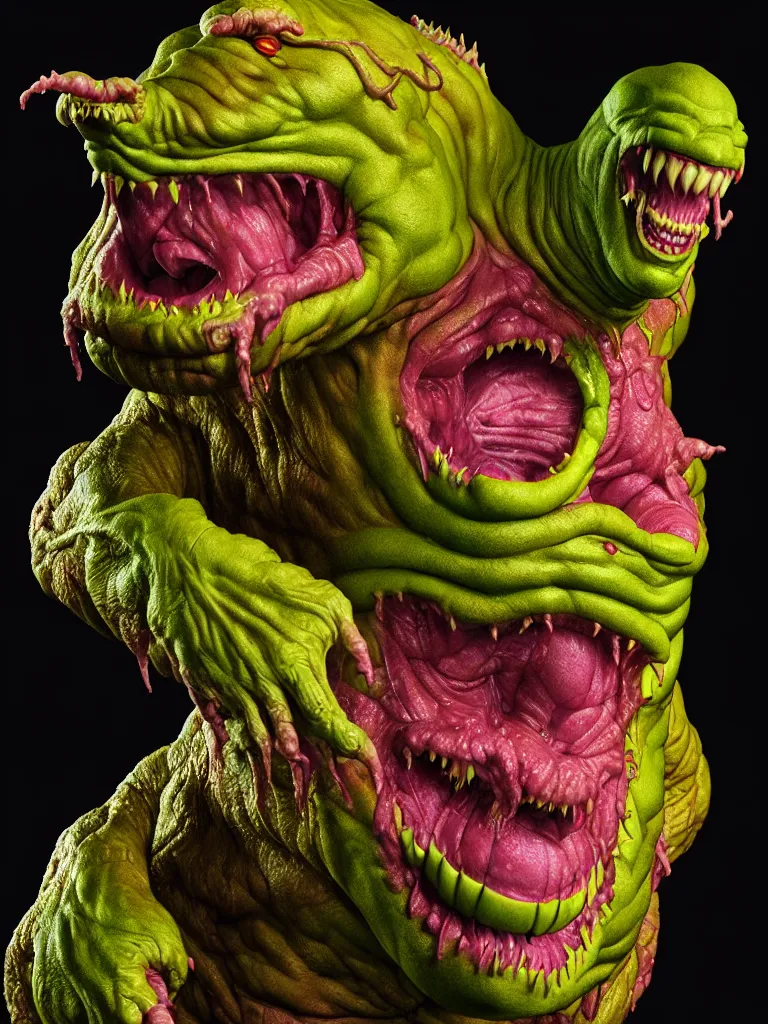 Image similar to hyperrealistic rendering, fat cronenberg flesh monster smooth kaiju by art of skinner and richard corben and jeff easley, product photography, action figure, sofubi, studio lighting, colored gels, rimlight, backlight