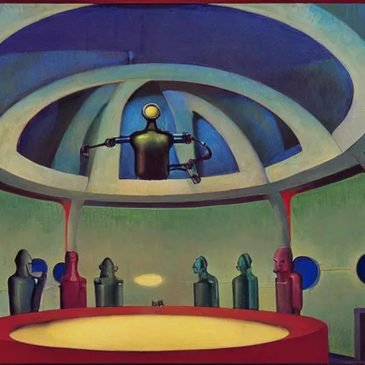 Image similar to three brutalist robotic seers watchers oracles soothsayers inside a retractable dome, pj crook, grant wood, edward hopper, syd mead, oil on canvas