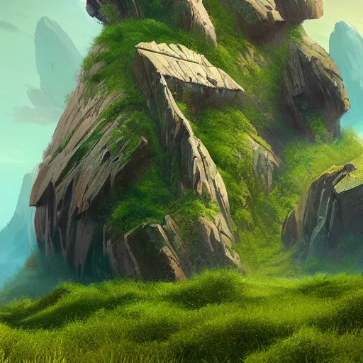 Image similar to a landscape of extremely high and pointy rocks with small green vegetation, concept art, matte painting, masterpiece, artstation, cgsociety