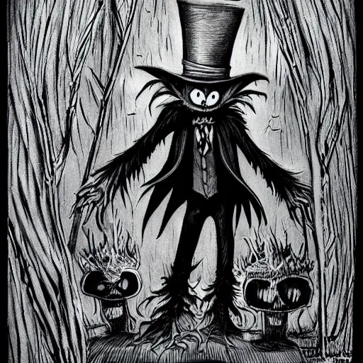 Image similar to a Pop Wonder scary horror themed goofy-hilarious-character Jack-Frost-Babadook-scarecrow-madhatter-williewonka-wearing a scarf, 3-piece-suit, dime-store-comic drawn with charcoal and pen and ink, half-tone-line-stacking