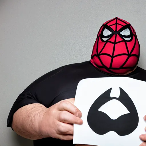 Prompt: portrait photo of old, fat spiderman with a mask doing taxes