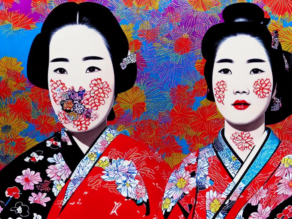 Image similar to hyperrealistic composition of the detailed woman in a japanese kimono sitting at a extremely detailed poker table with detailed darth vader, fireworks, mount fuji on the background, pop - art style, jacky tsai style, andy warhol style, acrylic on canvas