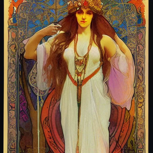 Prompt: bright, proud portrait of pagan queen libuse from slavic tales by alfons mucha