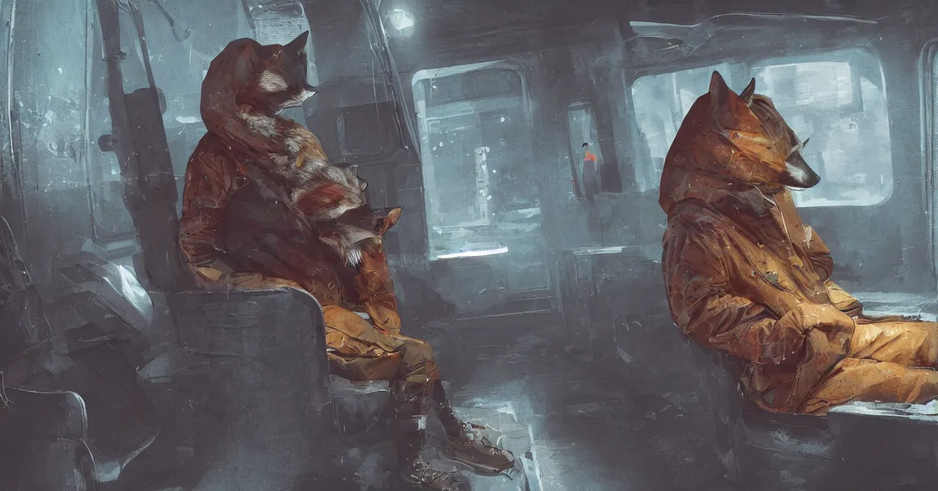 Prompt: Imagination of homeless fox with hood over head in an old coat sits on a dirty seat in a old russian subway car, cyberpunk 2077, amazing digital art