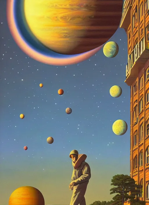 Image similar to the bronx meets the moons of jupiter, vintage shapes, retro technology, happy colors. rob gonsalves, oil on canvas, deep depth field, masterpiece, cinematic composition, hyperdetailed