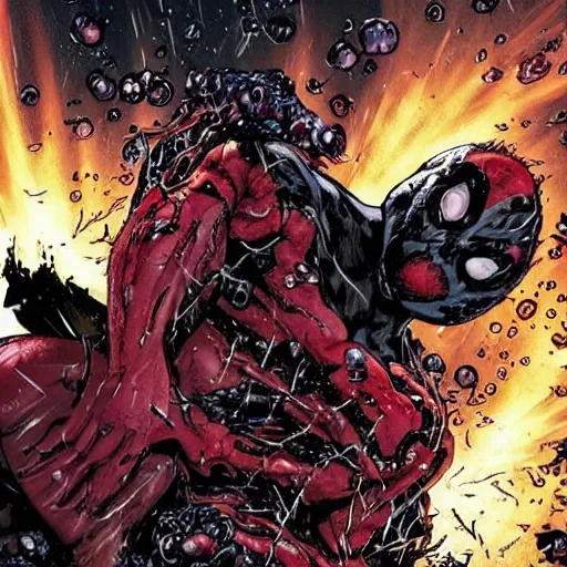 Image similar to carnage symbiote fighting dead pool in new york on a dark and stormy night