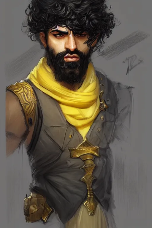 Image similar to Arab man light beard, curly hair, swordsman, modern, hero, yellow and charcoal leather, character concept art, costume design, trending on artstation, Artgerm , WLOP