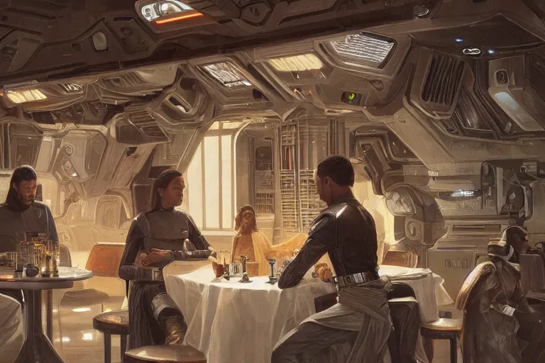 Prompt: ultra realistic illustration, empty cantina interior from star wars and star trek, intricate, elegant, highly detailed, nobodies, digital painting, artstation, concept art, smooth, sharp focus, illustration, art by artgerm and greg rutkowski and alphonse mucha