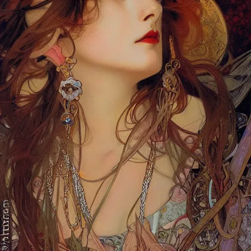 Prompt: realistic detailed face portrait of Mata Hari by Alphonse Mucha, Ayami Kojima, Amano, Charlie Bowater, Karol Bak, Greg Hildebrandt, Jean Delville, and Mark Brooks, Art Nouveau, Neo-Gothic, gothic, rich deep colors