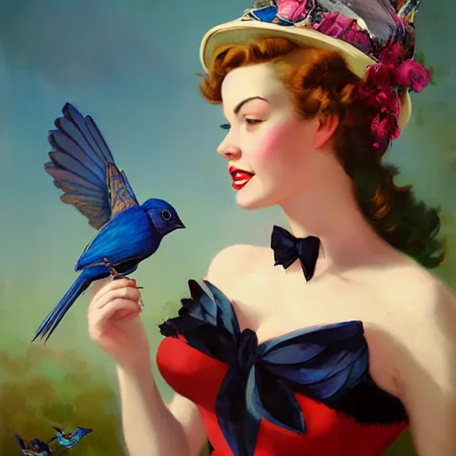 Image similar to pinup girl holding an indigo bunting, bird, the bird is wearing a crown and bowtie by greg rutkowski, rossdraws, gil elvgren, enoch bolles, anime, very coherent