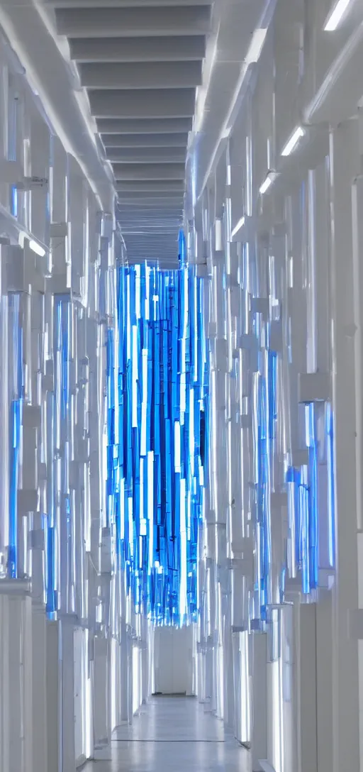 Image similar to an infinite white hallway with white pipes and blue screens on its walls