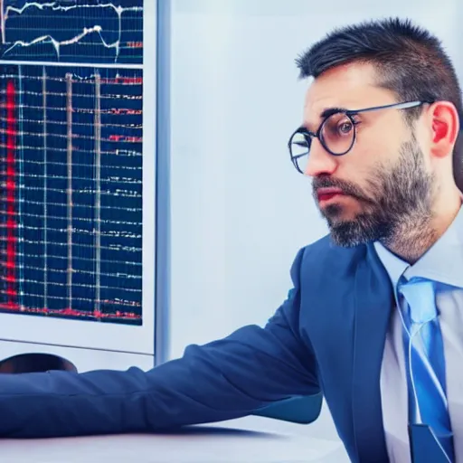 Image similar to investor looking at a screen with a declining stock chart scared, detailed