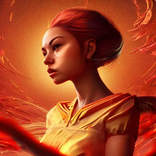 Image similar to goddes of the sun, beautiful, stunning, red golden dress, whirling with power in the sky, unreal engine, concept art, photorealistic, cinematic, james jean, akira, satochi con