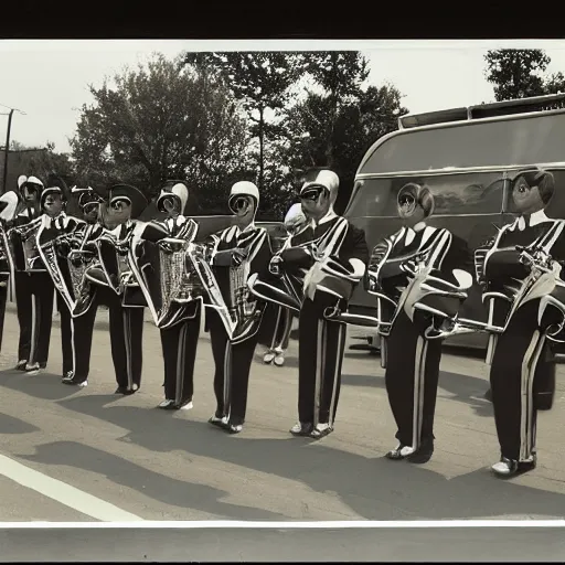 Image similar to photograph of madison scouts drum and bugle corps drum line from 1 9 9 2 warming up beside a madison scouts drum and bugle corps tour bus, photorealism, detailed