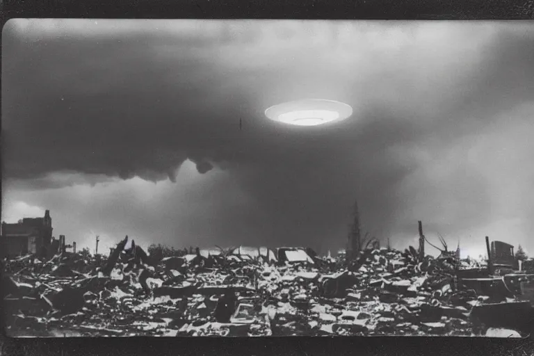 Image similar to dark old polaroid of an ufo flying above an destroyed city during a thunderstorm, pictorialism, fallout, desolate, wide angle, award winning