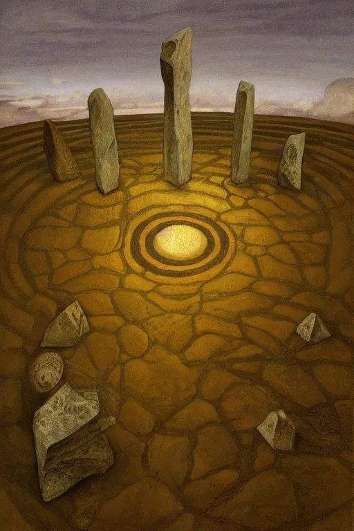 Image similar to circle of standing stones engraved with ancient geometric patterns, dramatic cinematic lighting, rich colors, by William Dyce and ford madox brown and April Gornik and Caspar David Friedrich and Diego Rivera, featured on artstation