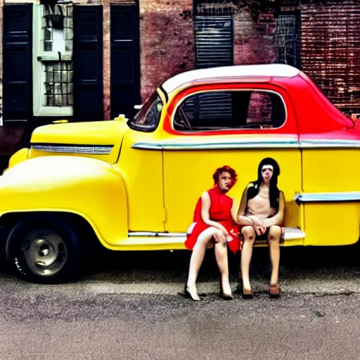 Prompt: a picture of a yellow-car parked next to a red-hydrant with a woman in a yellow-dress sitting on the hood, BEUTIFUL!, surreal, in style of Edward Hopper