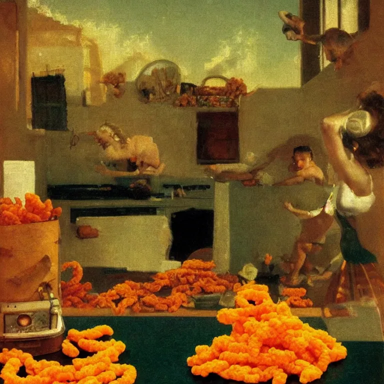 Prompt: A Bag of Cheetos on the counter of a 1950s kitchen, oil painting by Arnold Bocklin and Maxfield Parrish shocking detail hyperrealistic Cinematic lighting