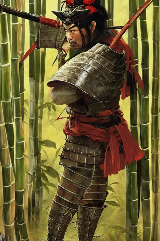 Image similar to close up of samurai warrior in full armor, in a bamboo forest, by huang guangjian and gil elvgren, sachin teng, greg manchess