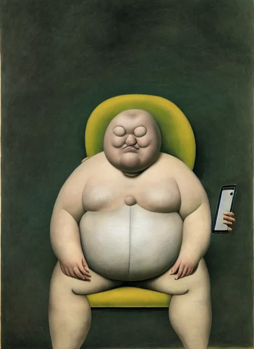 Image similar to fat man sitting on chair looking at his smartphone, hysterical, sweat, fat, frustrated, art by gertrude abercrombie hans bellmer and william blake