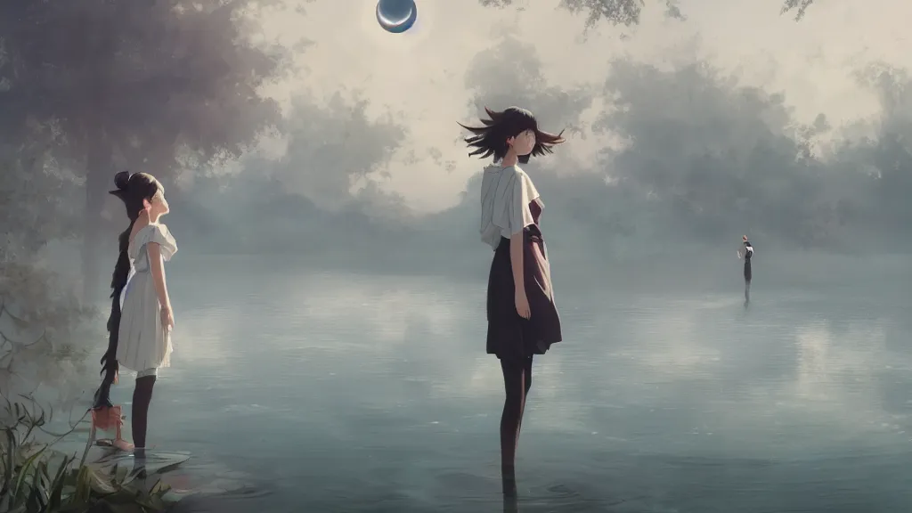 Image similar to whimsical, beautiful playful women, wearing professional makeup, standing in a lake, breathing out stars, a binary black hole with a ring in the sky, by Studio Ghibli, by Greg Rutkowski, by Steve Argyle, face enhance, volumetric lighting, 4k resolution, octane render, trending on artstation
