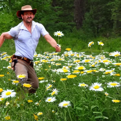 Image similar to indiana jones, frolicking through daisies