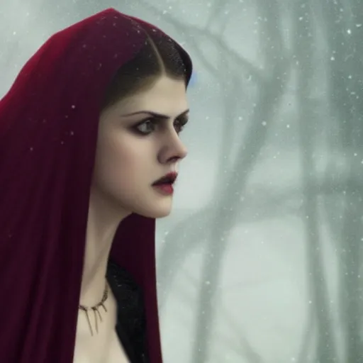 Image similar to Film still of Alexandra Daddario, beautiful vampire mistress dressed in a black cloak, by Stanley Artgerm Lau