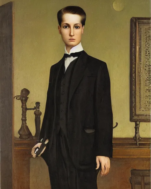 Prompt: portrait of young man wearing black medical mask, suit and tie, style of james c. christensen