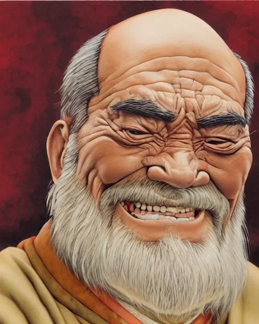 Image similar to real life Uncle Iroh smiling, drinking tea, beautiful, very detailed, hyperrealistic, medium shot, very detailed painting by Glenn Fabry, by Joao Ruas