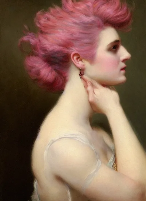 Image similar to a detailed portrait of woman with a mohawk by edouard bisson, year 1 8 9 0, pink hair, punk rock, oil painting, muted colours, soft lighting