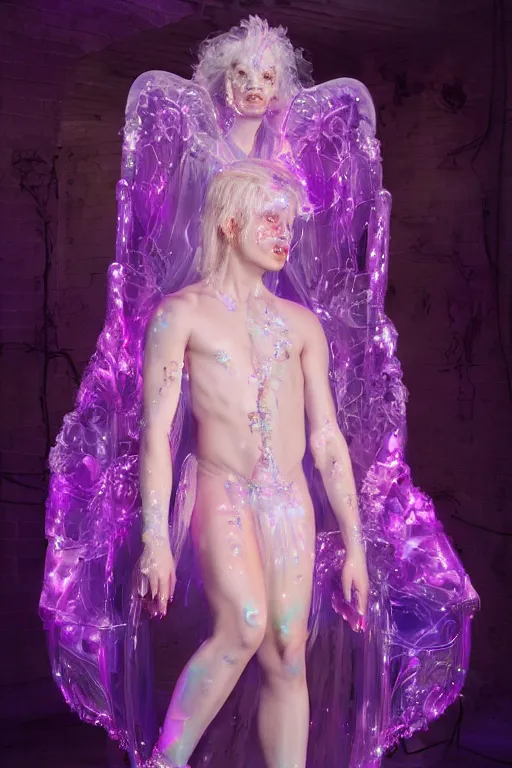 Image similar to full-body rococo and cyberpunk delicate neon crystalline sculpture of ((young muscular albino prince Sean Mendez)) as an iridescent humanoid deity wearing a thin see-through ((plastic hooded cloak)) (holding a human skull) in a white castle dungeon, reclining con (((las piernas abiertas))), glowing pink face, crown of (pink lasers), large blue diamonds, swirling black silk fabric. futuristic elements. oozing glowing liquid, full-length view. space robots. intricate artwork by caravaggio. Trending on artstation, octane render, cinematic lighting from the right, hyper realism, octane render, 8k, depth of field, 3D