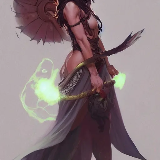 Image similar to Cute Tiefling Druid with tiefling tail D&D, fantasy, full body portrait, highly detailed, digital painting, artstation, concept art, sharp focus, illustration, by greg rutkowski and alphonse mucha