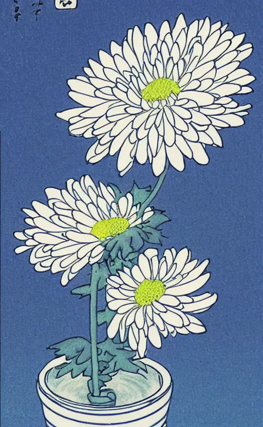 Image similar to by akio watanabe, manga art, a chrysanthemum flower inside a blue sake cup, cup is not vase, trading card front