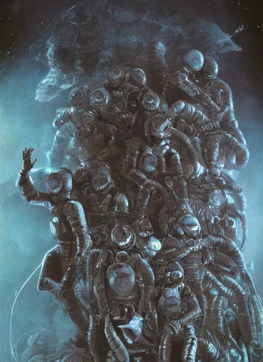 Image similar to astronauts in dark and empty void underwater - complex and hyperdetailed technical suit. reflection and dispersion materials. rays and dispersion of light. volumetric light. 5 0 mm, f / 3 2. noise film photo. flash photography. ultra realistic, wide angle. poster by wayne barlowe, hajime sorayama aaron horkey, craig mullins